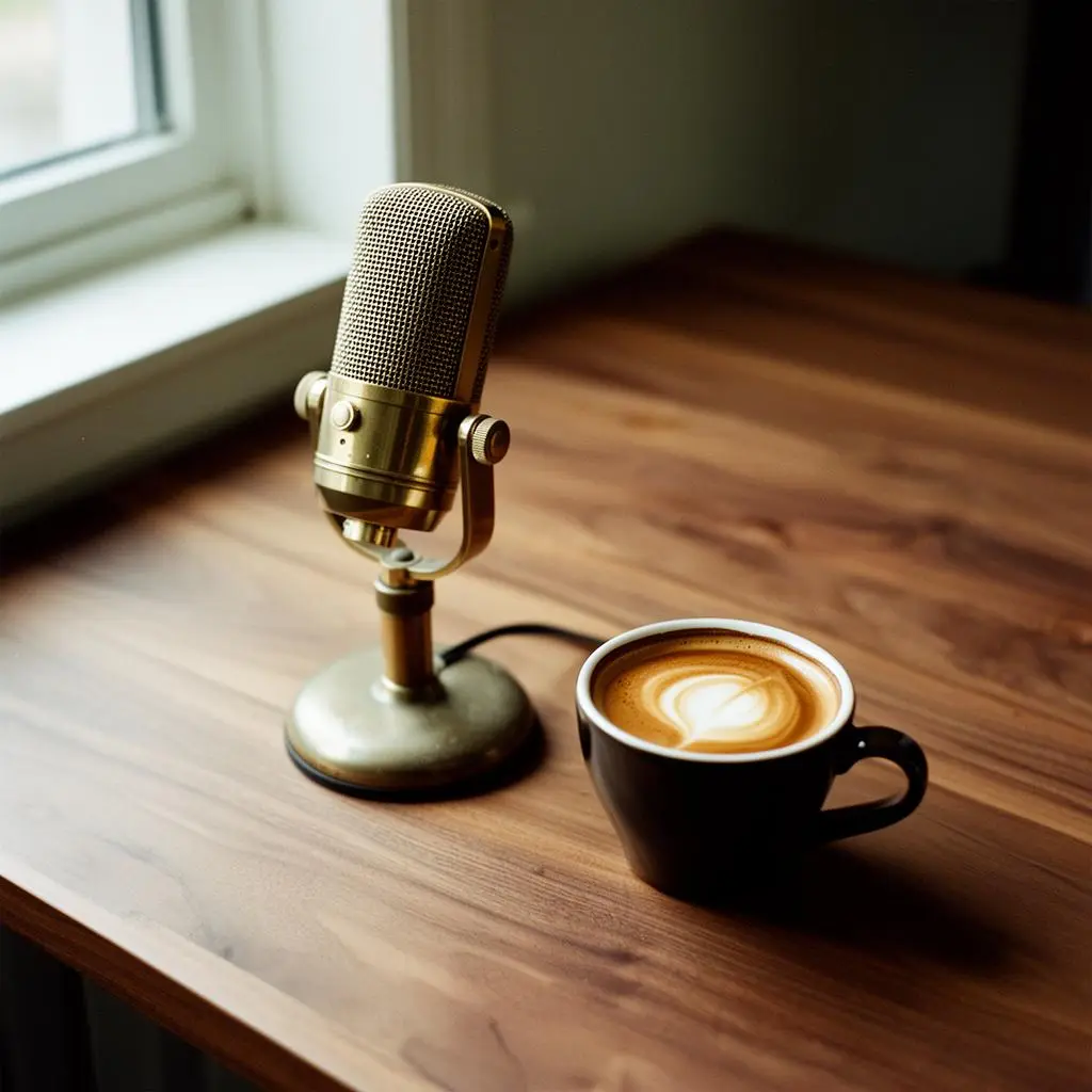 A studio condenser microphone beside an espresso cup, photographed in monochrome.
