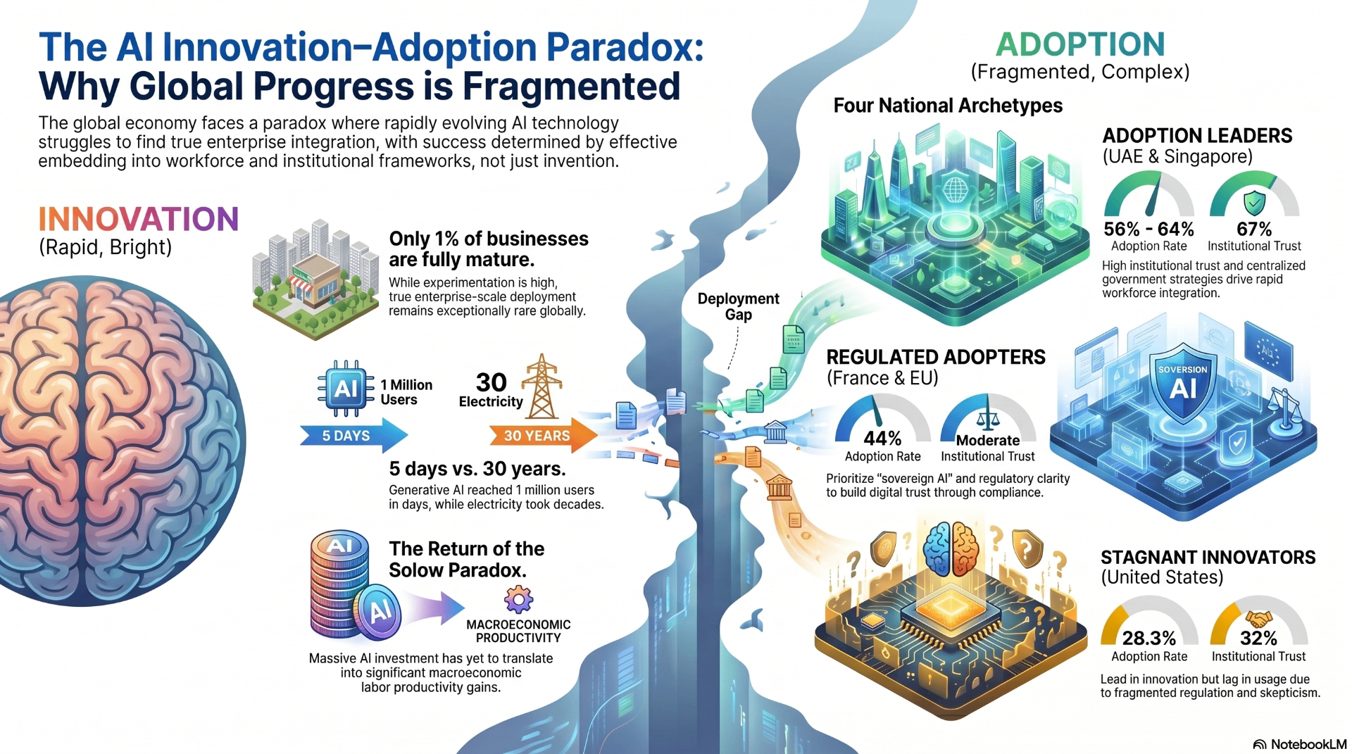 Infographic summarizing the Innovation–Adoption Paradox: four national archetypes and the deployment gap.